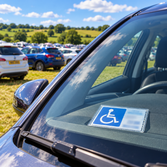 Blue Badge Parking Accessible parking sign on a car windshield at Heartland Festival parking area.