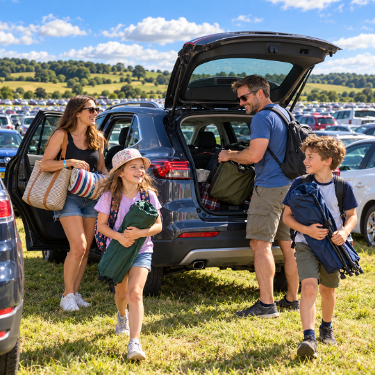 On-Site Parking Family arriving at Heartland Festival parking in Pitlochry, Perthshire.